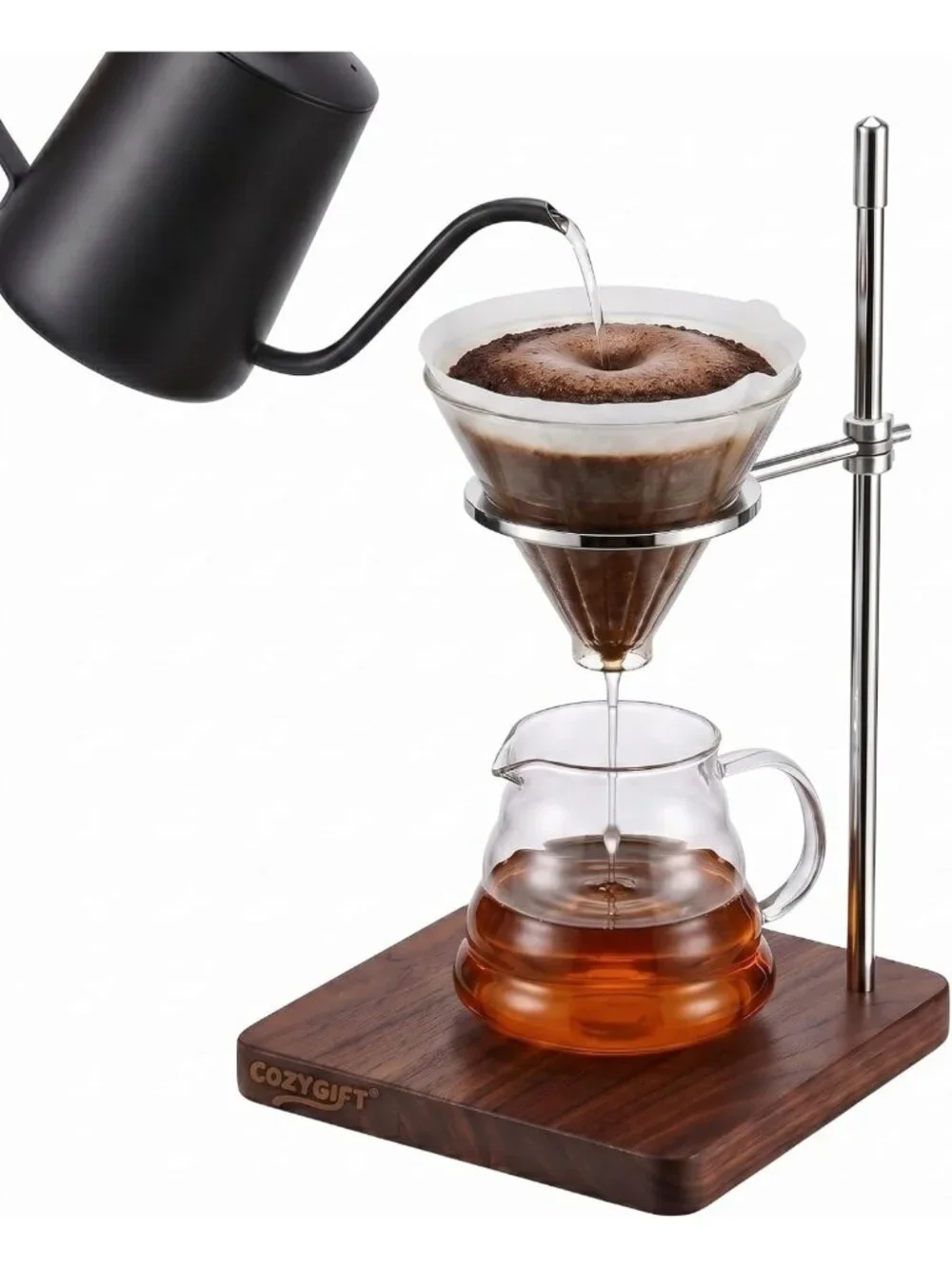 Wooden Pour Over Coffee Maker Stand with Adjustable Dripper & Walnut Base